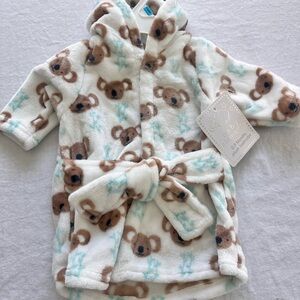Cozy Bear Plush Kids Pajama Robe - Cream with Brown Bear Print